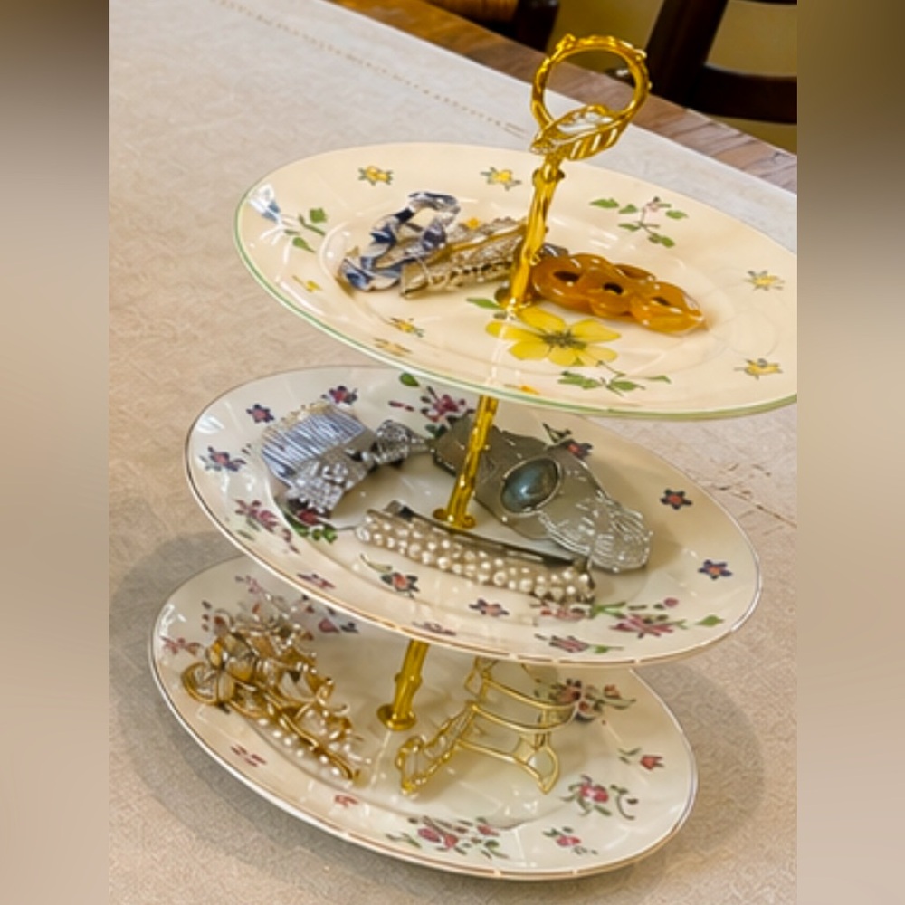 Vintage Floral 3-Tier Stand Gold Handle Jewelry or Dessert Display Cottage Core